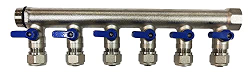 6 Loop Plumbing Manifold w/ 3/4" trunk & 1/2" pex ball valves, blue handle