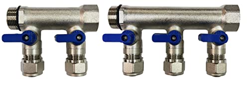 5 Loop Plumbing Manifold w/ 3/4" trunk & 1/2" pex ball valves, blue handle