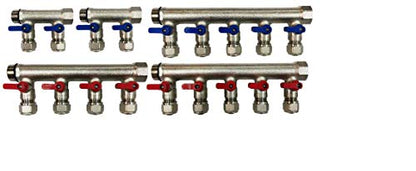 9 Loops Plumbing Manifolds w/ 1" trunk & 1/2" Pex Ball Valves, Red and Blue Handles