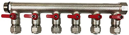6 Loop Plumbing Manifold w/ 3/4" trunk & 1/2" pex ball valves, red handle