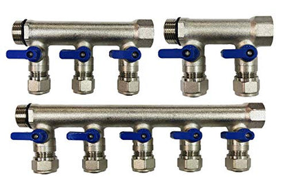 10 Loop Plumbing Manifold w/ 1" trunk & 1/2" pex ball valves, blue handle