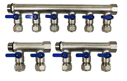 11 -Loop/Port Ball Valve Brass Pex Manifold (3/4" trunk) for 1/2" Pex Tubing, blue handles