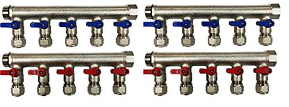 10 Loops Plumbing Manifolds w/ 1" trunk & 1/2" Pex Ball Valves, Red and Blue Handles
