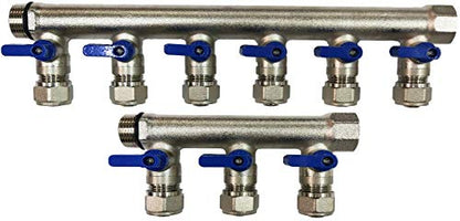 9 -Loop/Port Ball Valve Brass Pex Manifold (3/4" trunk) for 1/2" Pex Tubing, blue handles