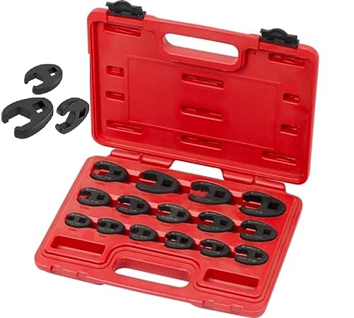 DMNI Crowfoot Wrench Set for 8 to 24mm - 15 Piece Large & Small Metric Wrench Set for 3/8" and 1/2" Drives Ratchets Extenders for Nut Removal - Large & Small Metric Flare Nut Tool Kit for Nut Removal