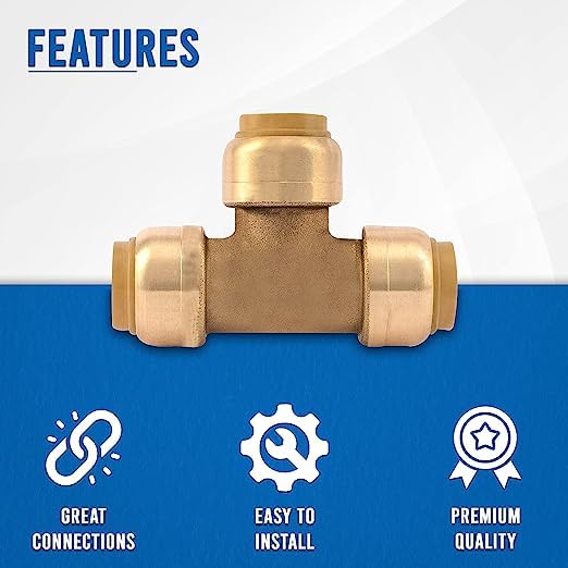 1/2-Inch Push Fit Plumbing Tee - Push-to-Connect Plumbing Fittings - Straight/Elbow/Tee Plumbing Fitting with 1/2" Disconnect Clip - Push fit Fittings for Copper Copper, PEX, CPVC Pipe - Pack of 10