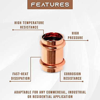 Propress Fitting Copper Coupling – Zero Lead Copper Coupling with Stop Press x Press Straight Coupling Pack of