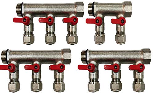11 Loop Plumbing Manifold w/ 3/4" trunk & 1/2" pex ball valves, red handle
