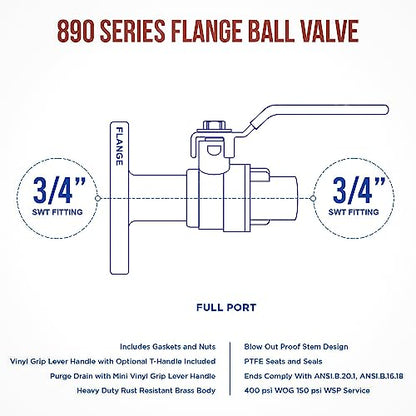 3/4" Full Port Ball Valve with Flange - Brass Ball Valve with Flange - Full Port Ball Valve - SWT By DMNI