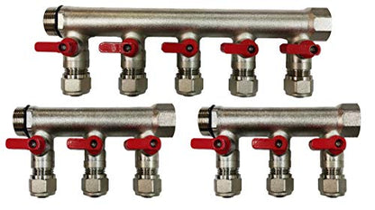 11 Loop Plumbing Manifold w/ 1" trunk & 1/2" pex ball valves, red handle