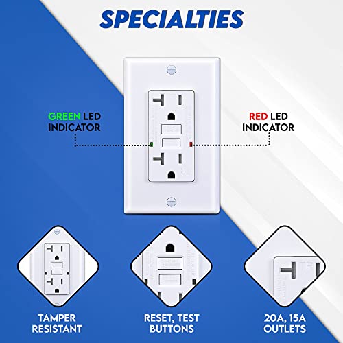 GFCI Outlet Receptacle White – 15 Amp/125 Volts Tamper Resistant GFCI Outlet Pack of 1 – Self Test Function with LED Indicator – UL/cUL Listed Wall Plate and Screws Included – Indoor or Outdoor Use