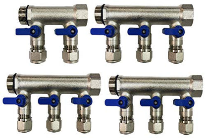 11 -Loop/Port Ball Valve Brass Pex Manifold (3/4" trunk) for 1/2" Pex Tubing, blue handles