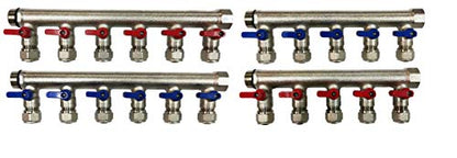 11 Loops Plumbing Manifolds w/ 1" trunk & 1/2" Pex Ball Valves, Red and Blue Handles