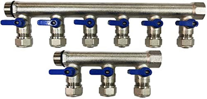 9 Loop Plumbing Manifold w/ 3/4" trunk & 1/2" pex ball valves, blue handle