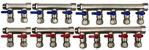 10 Loops Plumbing Manifolds w/ 1" trunk & 1/2" Pex Ball Valves, Red and Blue Handles