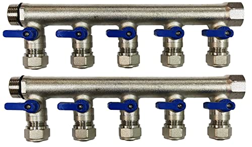 10 Loop Plumbing Manifold w/ 1" trunk & 1/2" pex ball valves, blue handle