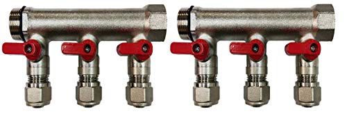 6 Loop Plumbing Manifold w/ 1" trunk & 1/2" pex ball valves, red handle