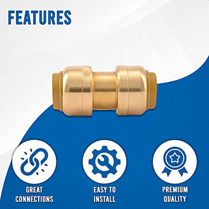 1/2" x 1/2" Inch Pushfit Straight Coupling, PEX Brass Push-fit Coupling, Straight Coupling Push-Fit Fitting to Connect Pex, Push-to-Connect Plumbing Fittings for PEX, Copper, CPVC - Pack of 10