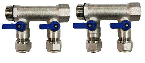 4 Loop Plumbing Manifold w/ 1" trunk & 1/2" pex ball valves, blue handle