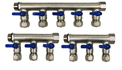 11 Loop Plumbing Manifold w/ 1" trunk & 1/2" pex ball valves, blue handle