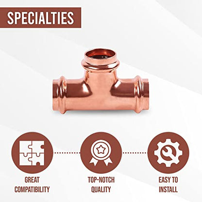 ProPress Fitting Copper Press Tee 1/2 Inch Fitting, No Lead Pressure Press 3 Way Tee Fittings 1/2" Equal Tee ProPress Press Copper Fitting Connection, Residential, Commercial Plumbing 0.5 Inch