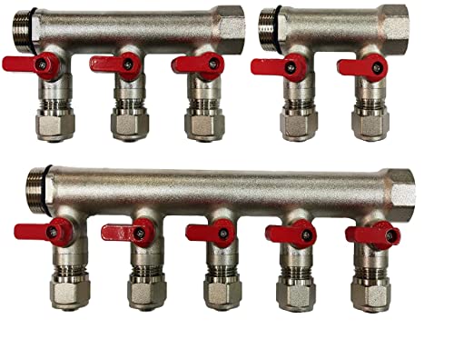 10 Loop Plumbing Manifold w/ 1" trunk & 1/2" pex ball valves, red handle
