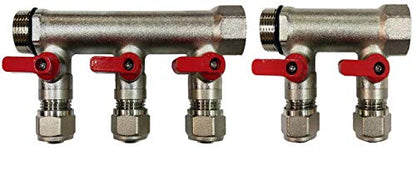 5 Loop Plumbing Manifold w/ 1" trunk & 1/2" pex ball valves, red handle