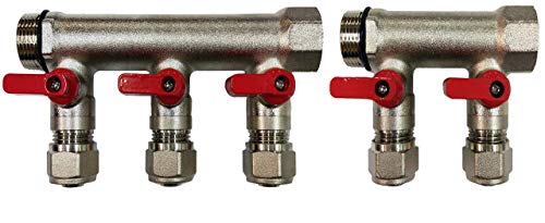 5 Loop Plumbing Manifold w/ 3/4" trunk & 1/2" pex ball valves, red handle