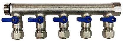 5 Loop Plumbing Manifold w/ 1" trunk & 1/2" pex ball valves, blue handle