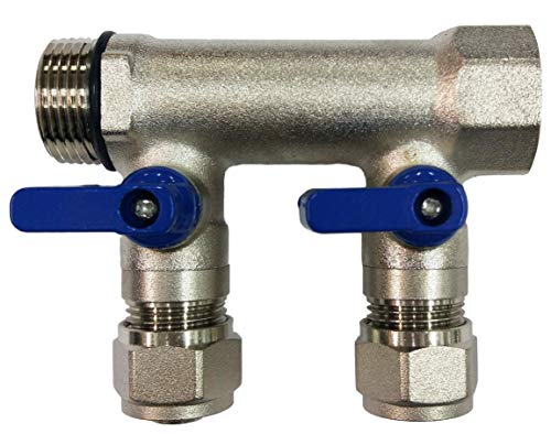2 Loop Plumbing Manifold w/ 1" trunk & 1/2" pex ball valves, blue handle