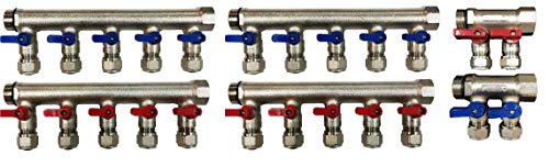 12 Loops Plumbing Manifolds w/ 1" trunk & 1/2" Pex Ball Valves, Red and Blue Handles