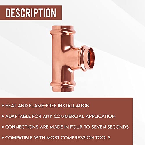 ProPress Fitting Copper Press Tee 3/4 Inch Fitting, No Lead Pressure Press 3 Way Tee Fittings, 3/4" Equal Tee ProPress Press Copper Fitting Connection, Residential, Commercial Plumbing