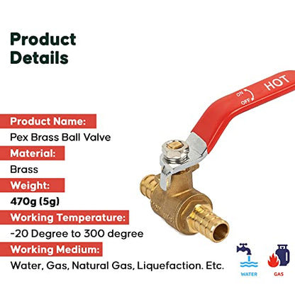 1/2" Pex Brass Ball Valve - Pex Fittings 1/2 Inch - 1/2 Pex Shut Off Valve - Pex Crimping Tool - Pex Fittings 1/2 Inch - Water Hose Shut Off Valve - Pex Crimp Brass Ball Valve Hot Cold (Pack of 10)