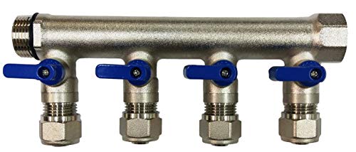 4 Loop Plumbing Manifold w/ 3/4" trunk & 1/2" pex ball valves, blue handle