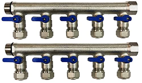 10 -Loop/Port Ball Valve Brass Pex Manifold (3/4" trunk) for 1/2" Pex Tubing, blue handles
