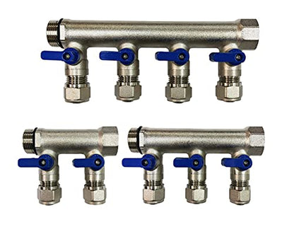 9 Loop Plumbing Manifold w/ 1" trunk & 1/2" pex ball valves, blue handle