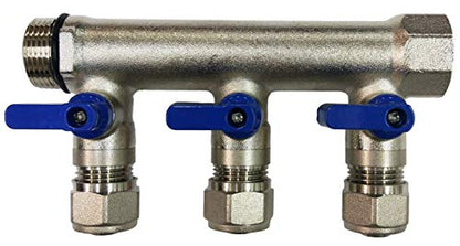 3 Loop Plumbing Manifold w/ 1" trunk & 1/2" pex ball valves, blue handle