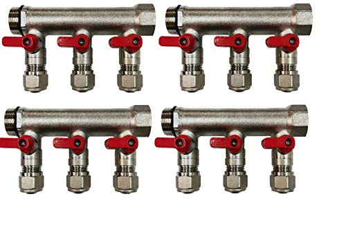 12 Loop Plumbing Manifold w/ 1" trunk & 1/2" pex ball valves, red handle