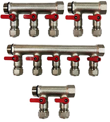 12 Loop Plumbing Manifold w/ 1" trunk & 1/2" pex ball valves, red handle