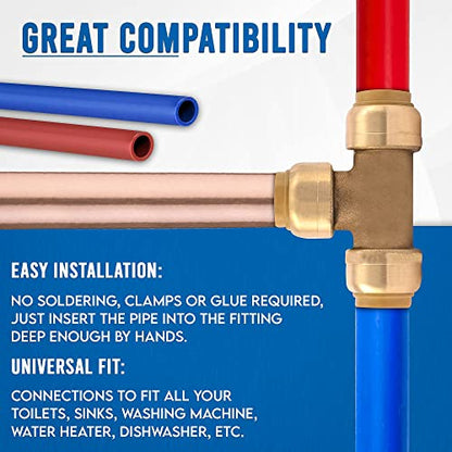 3/4 Inch Push Fit Plumbing Tee - Push-to-Connect Plumbing Fittings - Straight/Elbow/Tee Plumbing Fitting with 3/4" Disconnect Clip - Push fit Fittings for Copper Copper, PEX, CPVC Pipe - Pack of 1