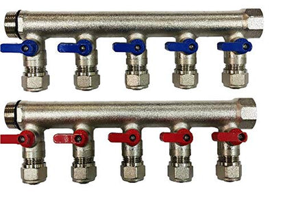 5 Loops Plumbing Manifolds w/ 1" trunk & 1/2" Pex Ball Valves