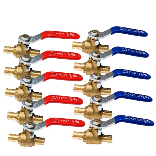 1/2" Pex Brass Ball Valve - Pex Fittings 1/2 Inch - 1/2 Pex Shut Off Valve - Pex Crimping Tool - Pex Fittings 1/2 Inch - Water Hose Shut Off Valve - Pex Crimp Brass Ball Valve Hot Cold (Pack of 10)