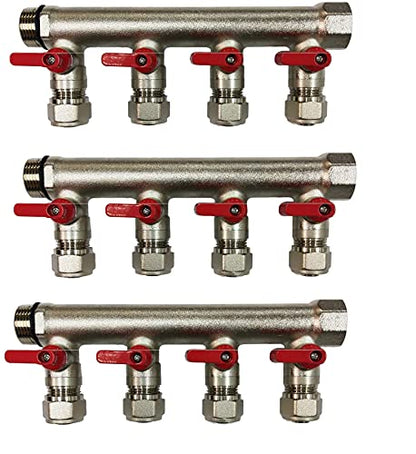 12 Loop Plumbing Manifold w/ 3/4" trunk & 1/2" pex ball valves, red handle