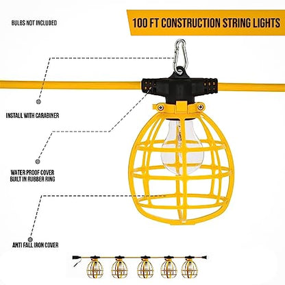 DMNI String Work Light 50ft Extension Cord - Portable Plastic Construction Light String - Contractor- Grade 12" Work Light String with 10 Sockets for Indoor and Outdoor Use (Bulb not Included)