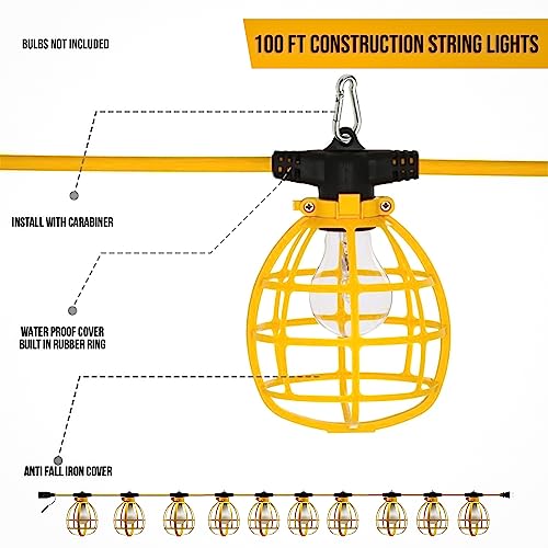 DMNI String Work Light 100ft Extension Cord - Portable Plastic Construction Light String - Contractor- Grade 12" LED Work Light String with 10 Sockets for Indoor and Outdoor Use (Bulb not Included)