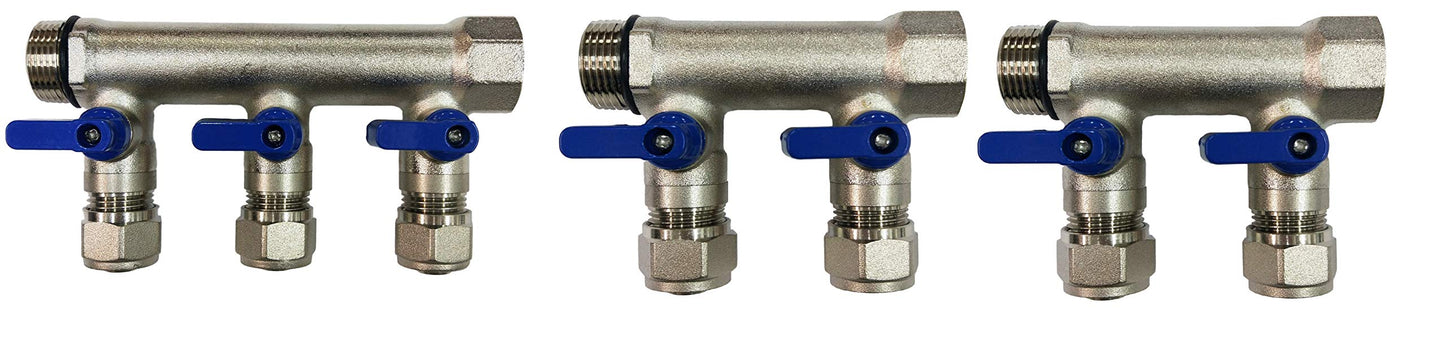 7 Loop Plumbing Manifold w/ 1" trunk & 1/2" pex ball valves, blue handle